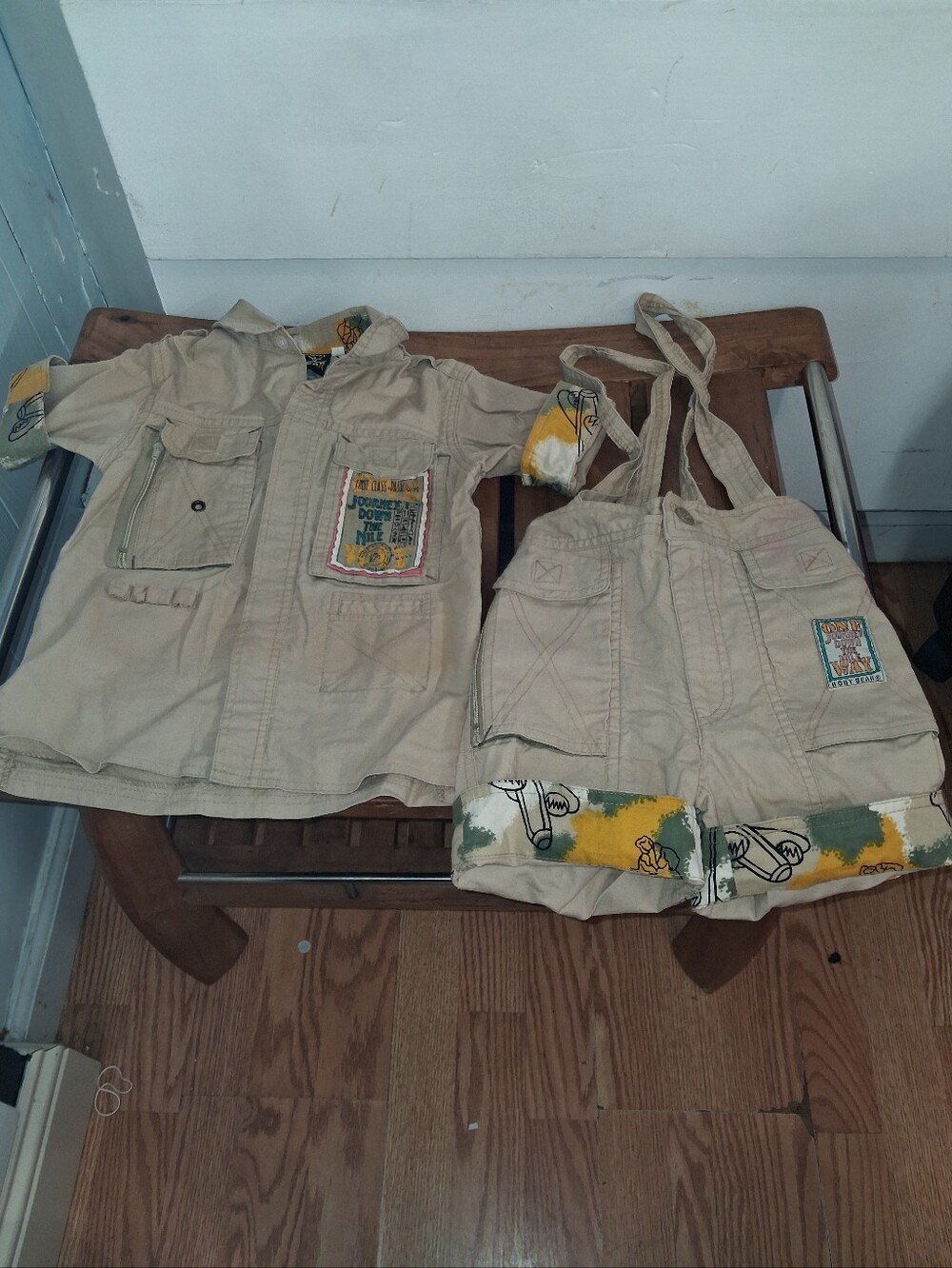 90s Vintage Beige Safari Khaki Kids Two-Piece Outfit with Playful Patch Details